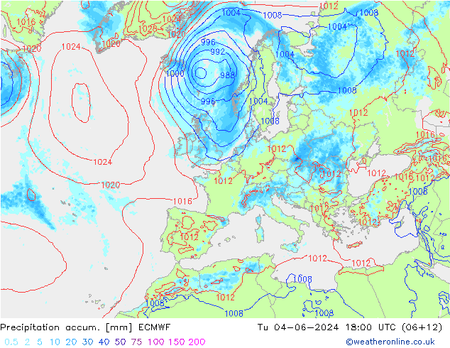 Precipitation accum. ECMWF Tu 04.06.2024 18 UTC