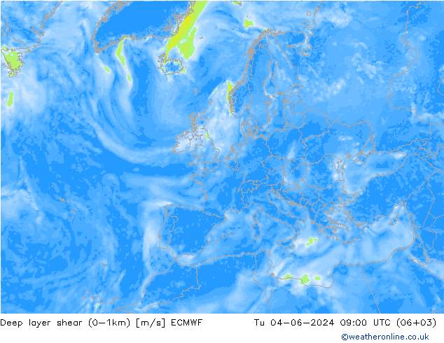 Deep layer shear (0-1km) ECMWF Ter 04.06.2024 09 UTC