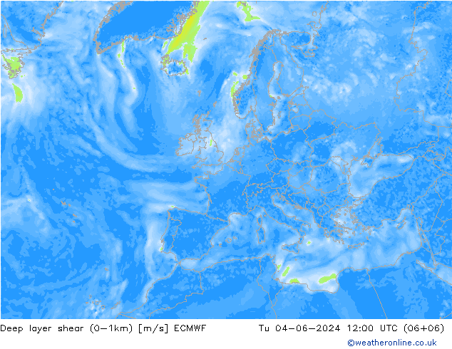 Deep layer shear (0-1km) ECMWF Di 04.06.2024 12 UTC