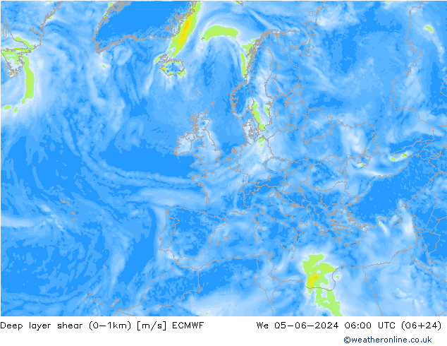 Deep layer shear (0-1km) ECMWF mer 05.06.2024 06 UTC