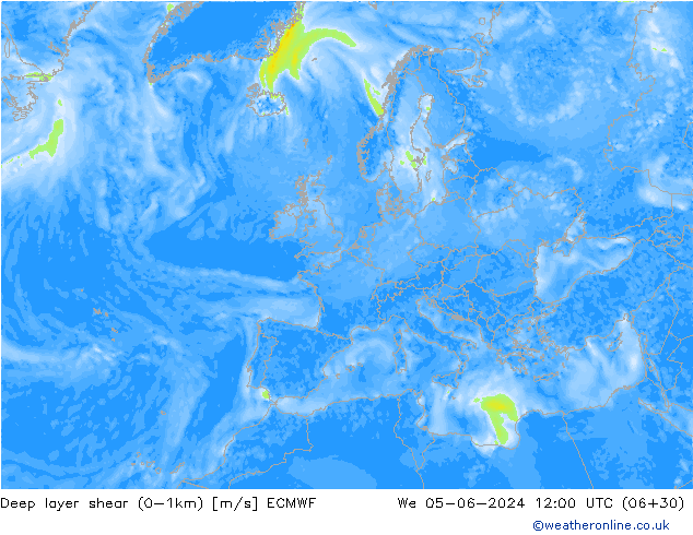 Deep layer shear (0-1km) ECMWF Mi 05.06.2024 12 UTC