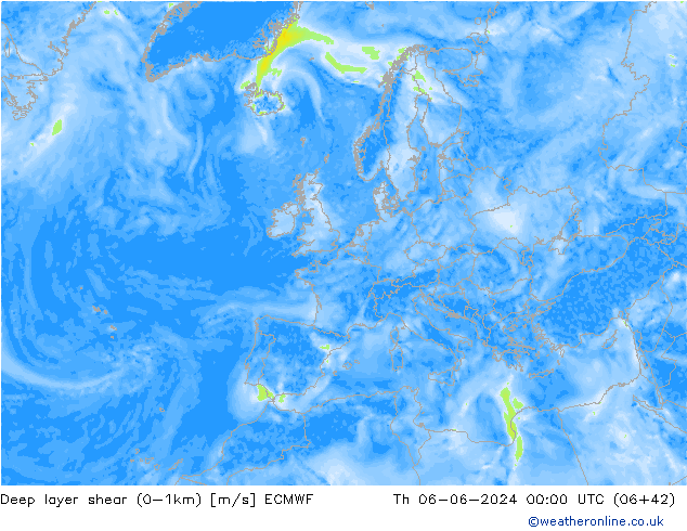 Deep layer shear (0-1km) ECMWF Qui 06.06.2024 00 UTC