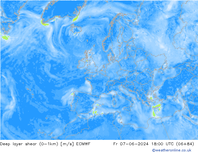 Deep layer shear (0-1km) ECMWF Fr 07.06.2024 18 UTC