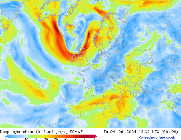 Deep layer shear (0-6km) ECMWF Tu 04.06.2024 12 UTC