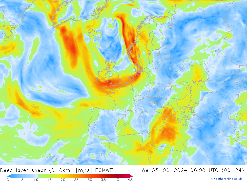 Deep layer shear (0-6km) ECMWF wo 05.06.2024 06 UTC