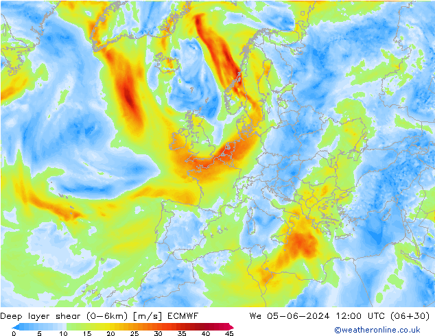 Deep layer shear (0-6km) ECMWF Mi 05.06.2024 12 UTC