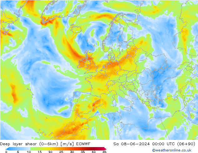 Deep layer shear (0-6km) ECMWF Cts 08.06.2024 00 UTC