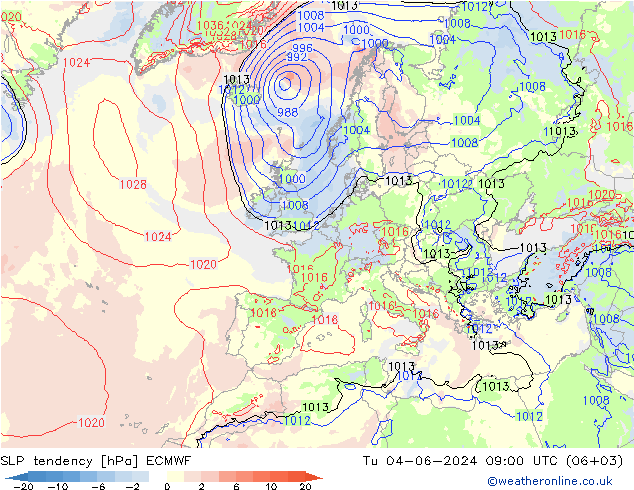 SLP tendency ECMWF Tu 04.06.2024 09 UTC