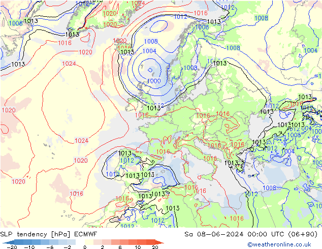Druktendens (+/-) ECMWF za 08.06.2024 00 UTC