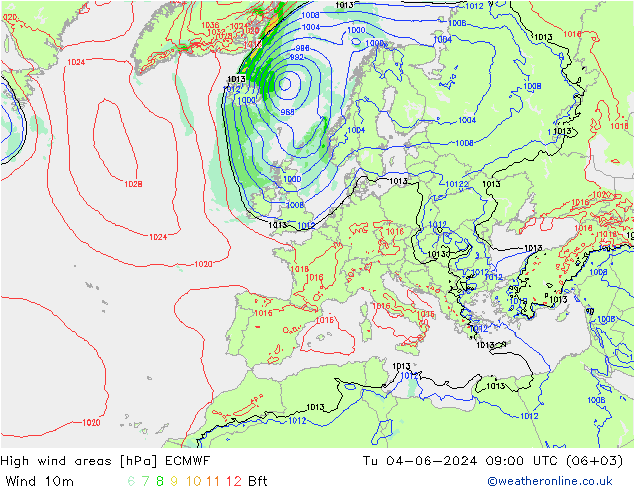 yüksek rüzgarlı alanlar ECMWF Sa 04.06.2024 09 UTC