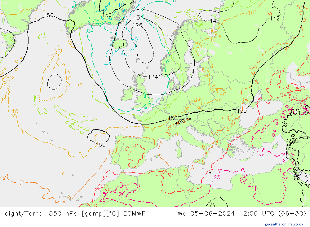 Z500/Yağmur (+YB)/Z850 ECMWF Çar 05.06.2024 12 UTC