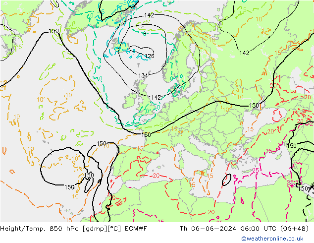 Geop./Temp. 850 hPa ECMWF jue 06.06.2024 06 UTC