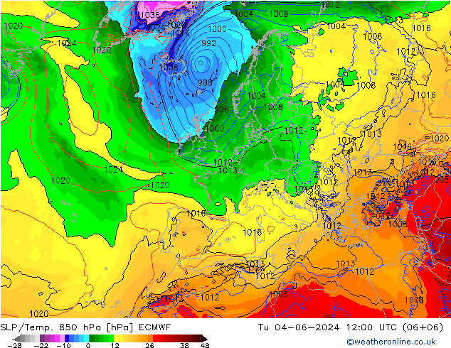 SLP/Temp. 850 hPa ECMWF Tu 04.06.2024 12 UTC