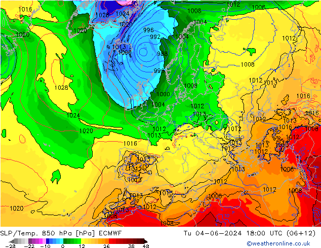 SLP/Temp. 850 hPa ECMWF Tu 04.06.2024 18 UTC