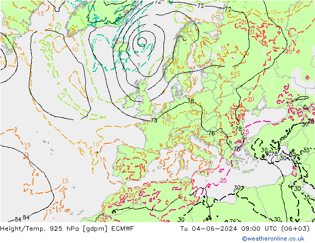 Height/Temp. 925 hPa ECMWF 星期二 04.06.2024 09 UTC