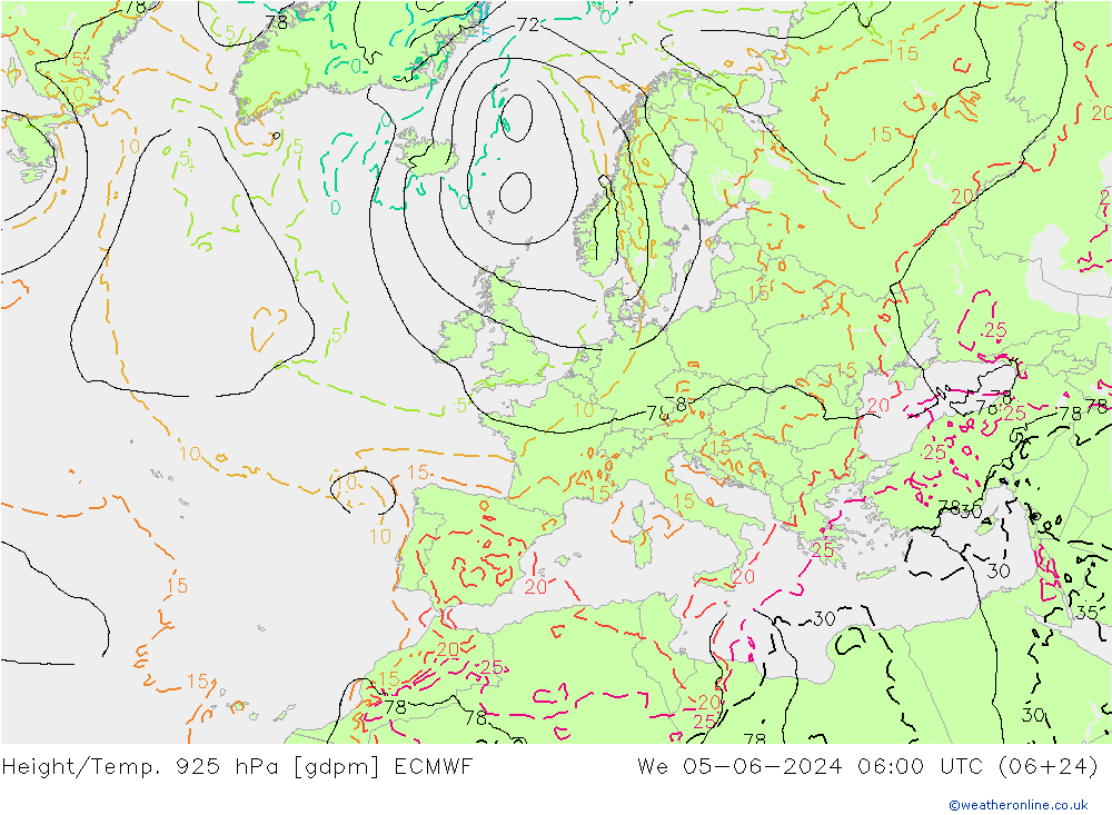 Height/Temp. 925 hPa ECMWF 星期三 05.06.2024 06 UTC