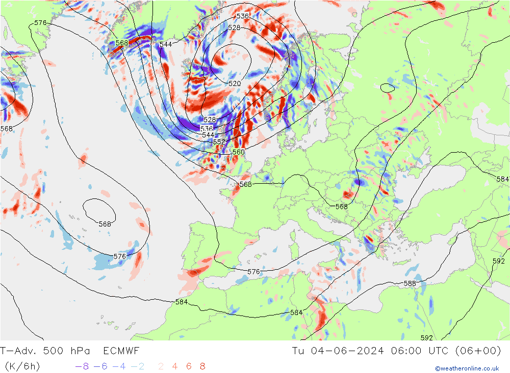 T-Adv. 500 hPa ECMWF Di 04.06.2024 06 UTC