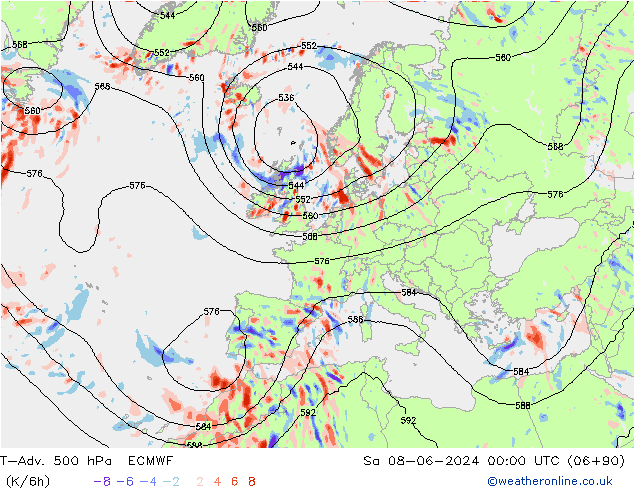 T-Adv. 500 hPa ECMWF Sa 08.06.2024 00 UTC