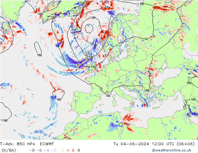 T-Adv. 850 hPa ECMWF Di 04.06.2024 12 UTC