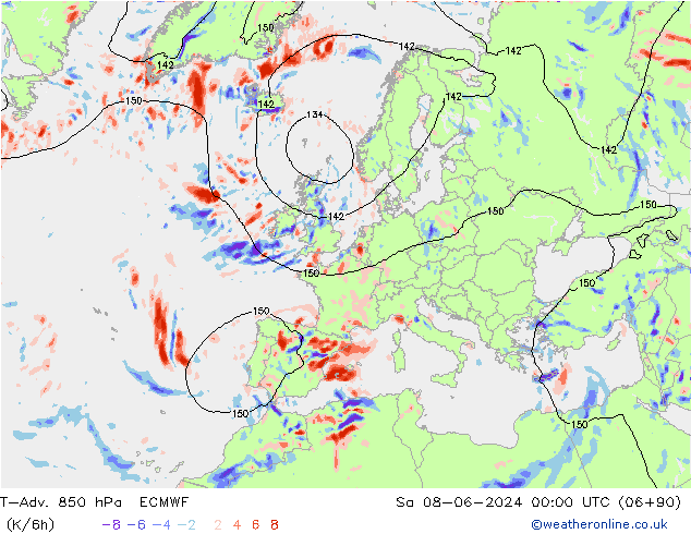 T-Adv. 850 hPa ECMWF Sa 08.06.2024 00 UTC