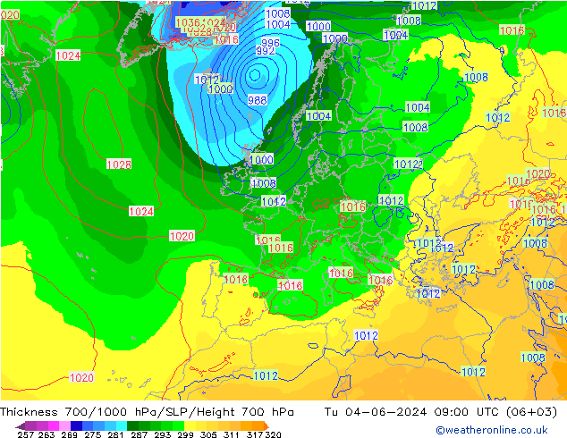 Thck 700-1000 hPa ECMWF Tu 04.06.2024 09 UTC