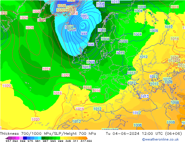 Thck 700-1000 гПа ECMWF вт 04.06.2024 12 UTC