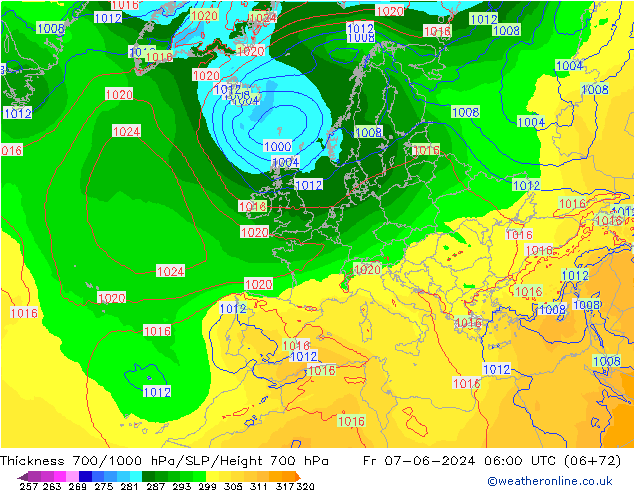 Dikte700-1000 hPa ECMWF vr 07.06.2024 06 UTC