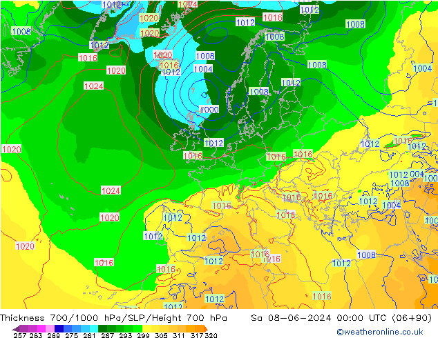 Schichtdicke 700-1000 hPa ECMWF Sa 08.06.2024 00 UTC