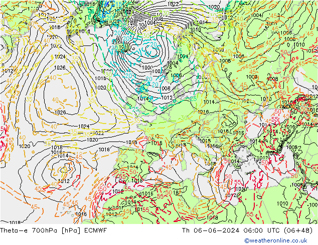 Theta-e 700hPa ECMWF Th 06.06.2024 06 UTC