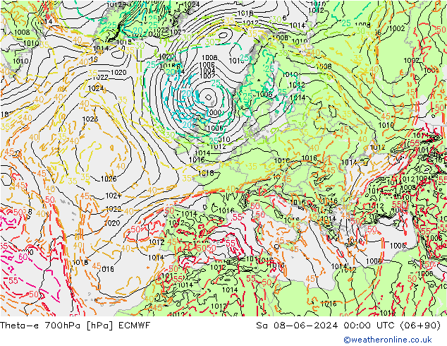 Theta-e 700hPa ECMWF Sáb 08.06.2024 00 UTC