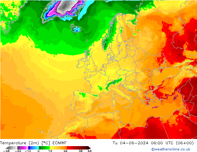 Temperaturkarte (2m) ECMWF Di 04.06.2024 06 UTC