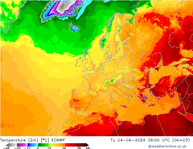Temperature (2m) ECMWF Tu 04.06.2024 09 UTC