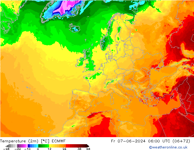 Temperature (2m) ECMWF Pá 07.06.2024 06 UTC