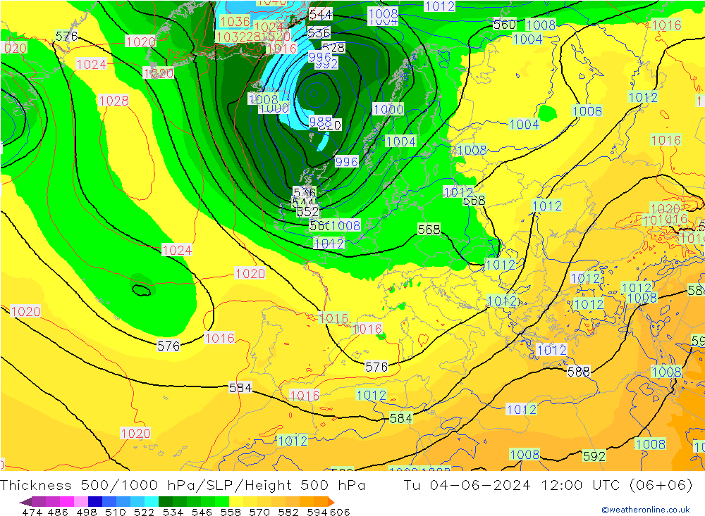 Thck 500-1000hPa ECMWF Tu 04.06.2024 12 UTC