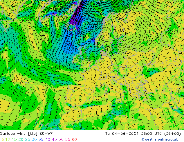 Surface wind ECMWF Út 04.06.2024 06 UTC