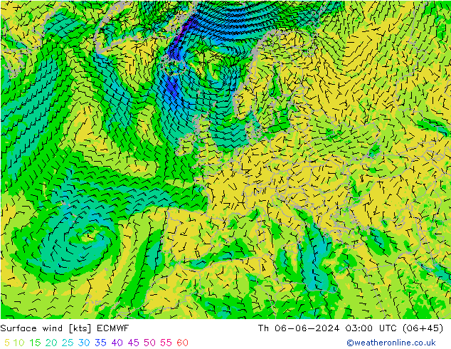 wiatr 10 m ECMWF czw. 06.06.2024 03 UTC