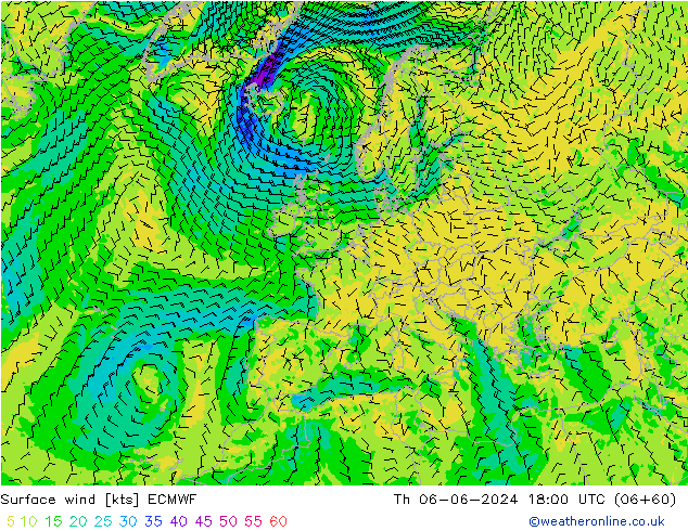 Vent 10 m ECMWF jeu 06.06.2024 18 UTC