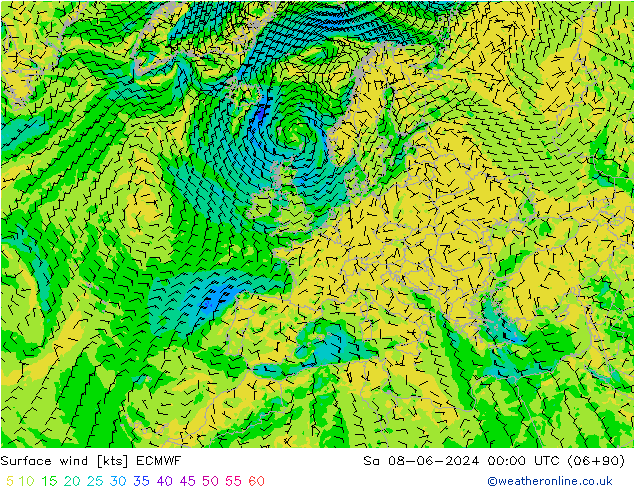 Wind 10 m ECMWF za 08.06.2024 00 UTC