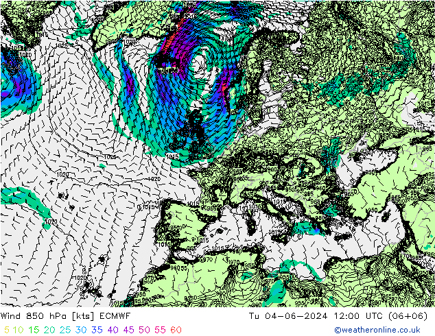 Wind 850 hPa ECMWF Tu 04.06.2024 12 UTC