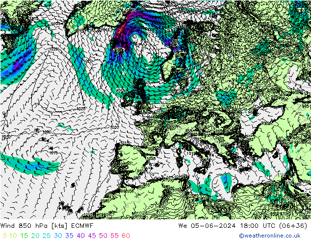 Viento 850 hPa ECMWF mié 05.06.2024 18 UTC