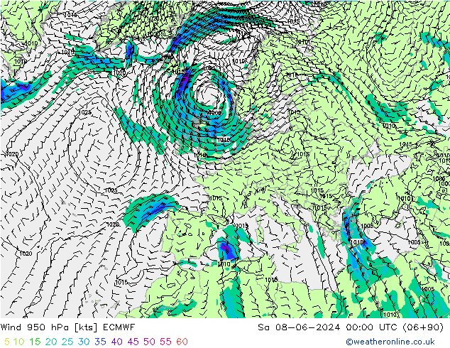 Wind 950 hPa ECMWF Sa 08.06.2024 00 UTC