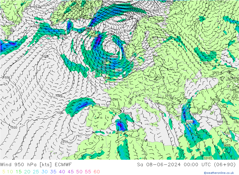 Rüzgar 950 hPa ECMWF Cts 08.06.2024 00 UTC