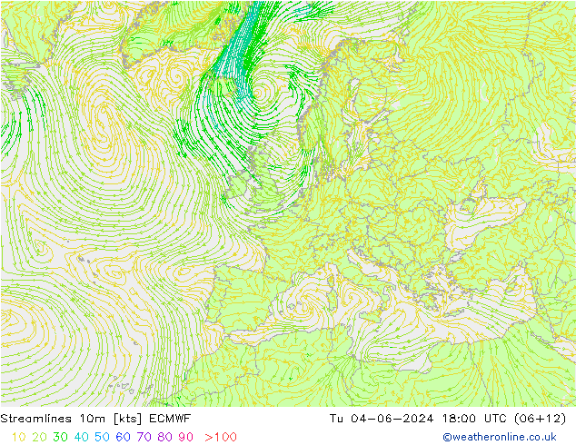 Streamlines 10m ECMWF Tu 04.06.2024 18 UTC