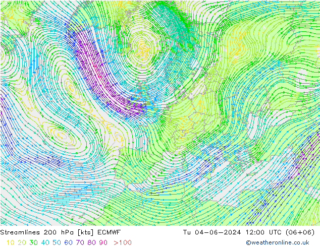 Streamlines 200 hPa ECMWF Út 04.06.2024 12 UTC