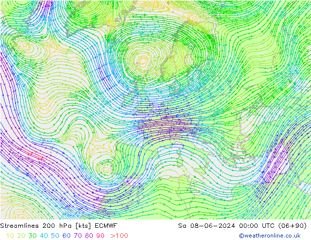 Linea di flusso 200 hPa ECMWF sab 08.06.2024 00 UTC