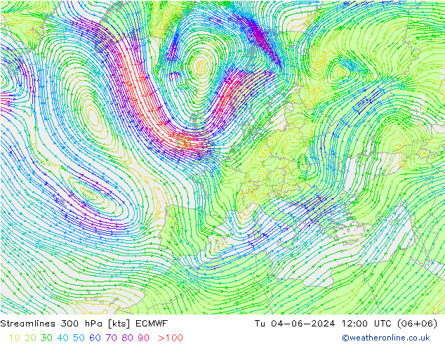 Linea di flusso 300 hPa ECMWF mar 04.06.2024 12 UTC