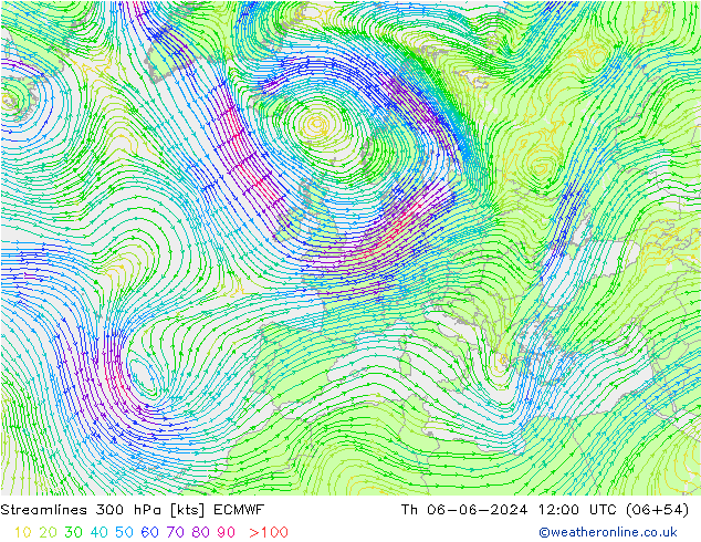 Streamlines 300 hPa ECMWF Čt 06.06.2024 12 UTC