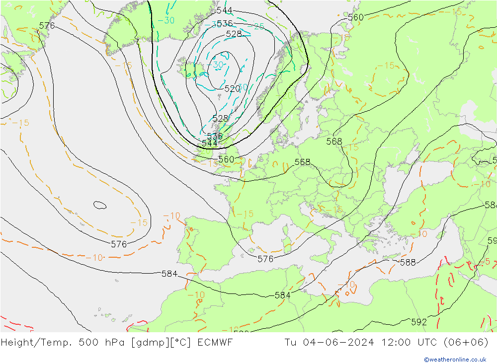 Z500/Rain (+SLP)/Z850 ECMWF Tu 04.06.2024 12 UTC