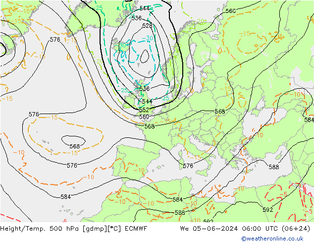 Height/Temp. 500 hPa ECMWF śro. 05.06.2024 06 UTC