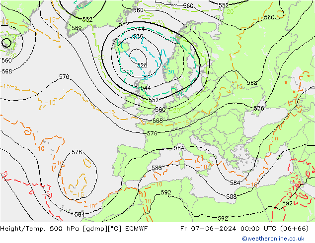 Z500/Rain (+SLP)/Z850 ECMWF Pá 07.06.2024 00 UTC